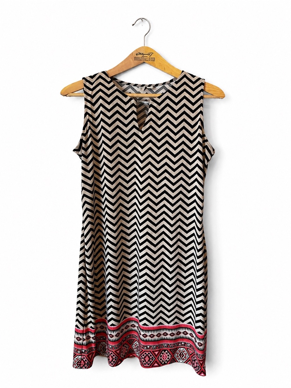 Tacera Chevron Shift Dress Aztec Hem Size PS B&W Red Casual Lightweight Comfy